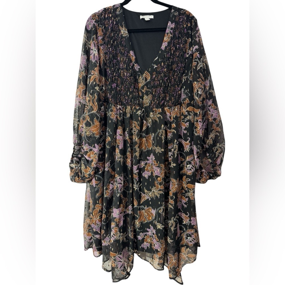 Cato Women’s Whimsigoth Floral Midi Dress Black Purple Gold Smocked Size XL